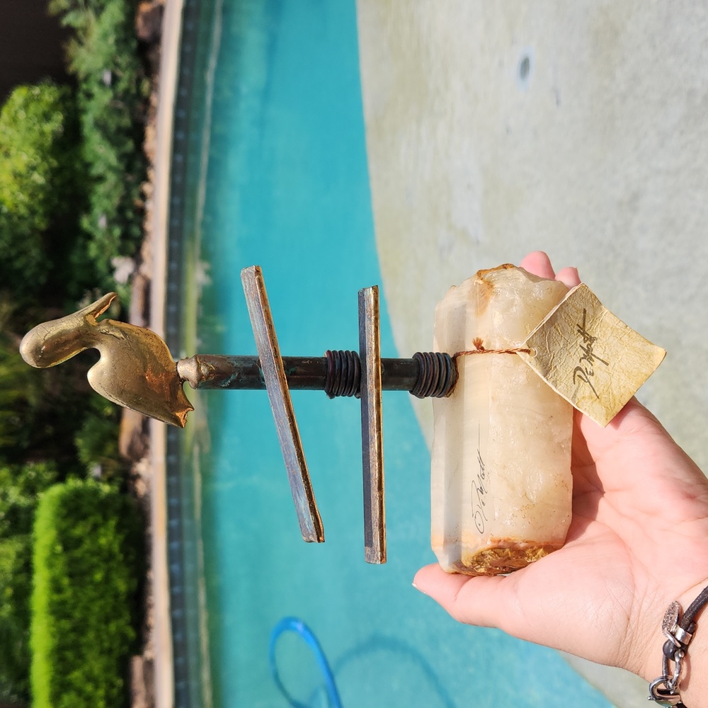 Signed Art Sculpture of Pelican in Brass, Copper and Quartz